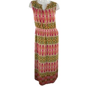 Jones New York Vibrant Pink and Olive Ikat-Print Cap-Sleeve Maxi Dress in Size 4